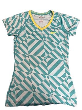 Nike Teal & White Geometric V-Neck Performance Tee with Yellow Trim